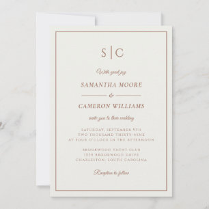 Modern Wedding Minimalist Monogram Brown Cream Invitation