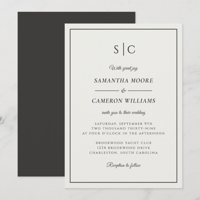 Modern Wedding Minimalist Monogram Cream & Black Invitation (Front/Back)