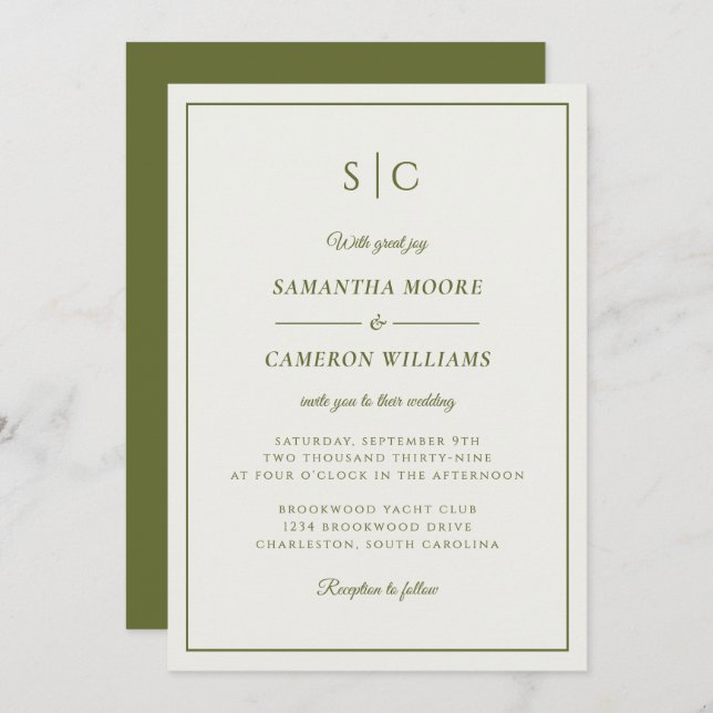 Modern Wedding Minimalist Monogram Olive Green Invitation (Front/Back)