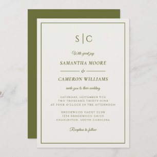 Modern Wedding Minimalist Monogram Olive Green Invitation
