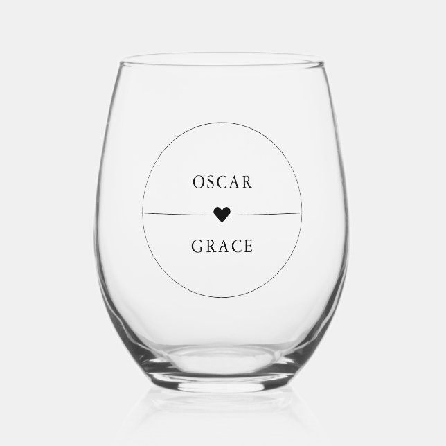 Modern Wedding | Minimalist Name With Black Heart Stemless Wine Glass (Front)