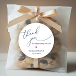 Modern Wedding Minimalist Thank You Gifts  Classic Round Sticker<br><div class="desc">Modern Wedding minimalist Thank You Gifts Classic favour Round Sticker,  in romantic script,  little red heart,  with bride and groom signature and wedding date,  navy blue theme.</div>