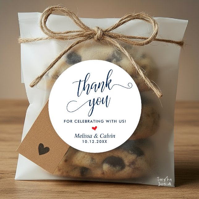 Modern Wedding Minimalist Thank You Gifts Classic Round Sticker (Modern Wedding Minimalist Thank You Gifts Classic Round Sticker favors in red heart navy blue)