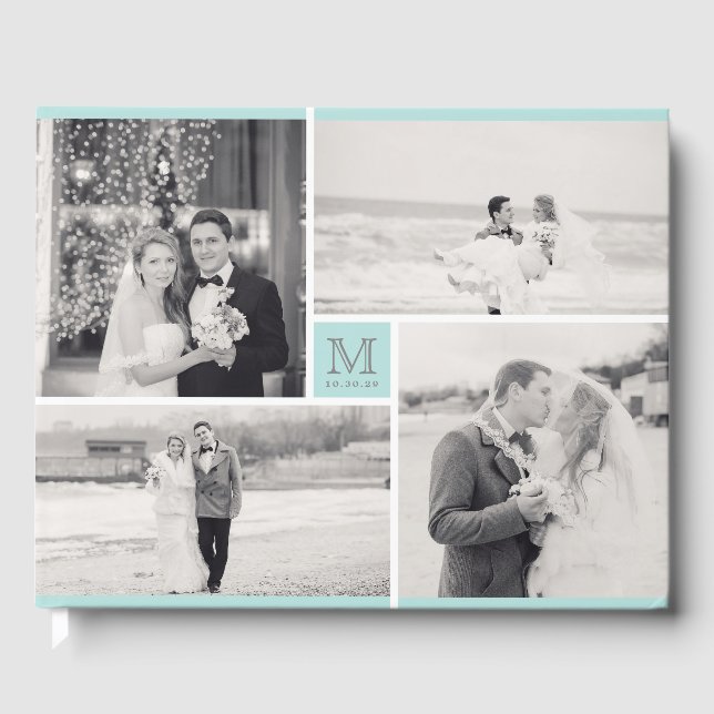 Modern Wedding Monogram 4 Photo Collage Guest Book (Front)