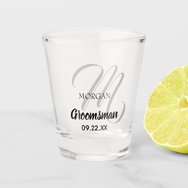 Modern Wedding Monogram Elegant Groomsman Shot Glass (Front)