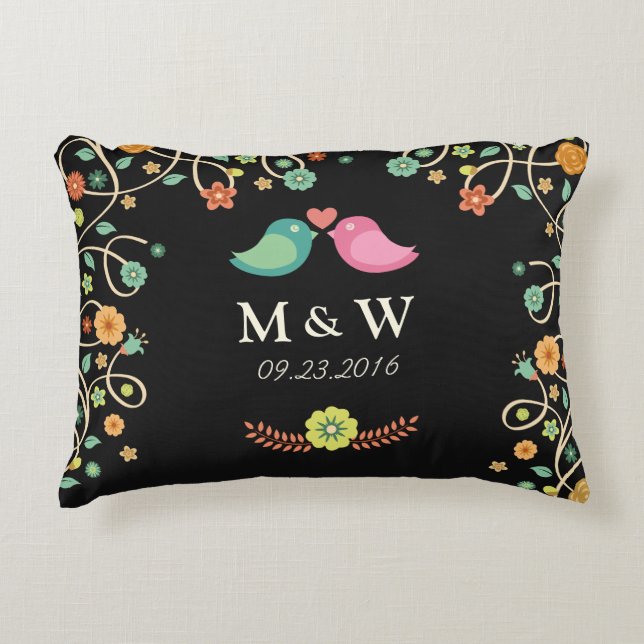 Modern Wedding Monogram Floral Love Birds Couple Decorative Cushion (Front)