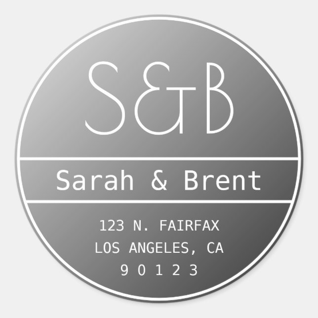 Modern Wedding Monogram & Gradient Grey Ombre Classic Round Sticker (Front)