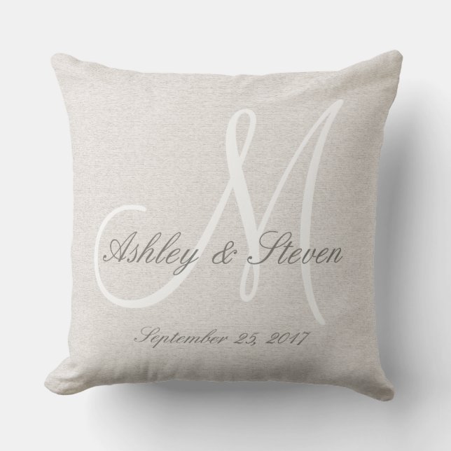 Modern Wedding Monogram Rustic Linen Look Cushion (Front)
