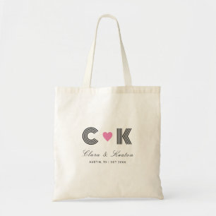 Modern Wedding Monogram Tote Bag with Pink Heart