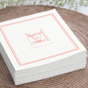 Modern Wedding Names Date Monogram Coral Cocktail Napkin