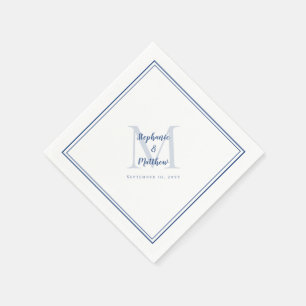 Modern Wedding Names & Date Monogrammed Blue Napkin