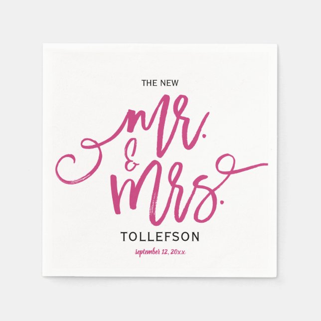 Modern Wedding Napkins | Brush Script (Magenta) (Front)