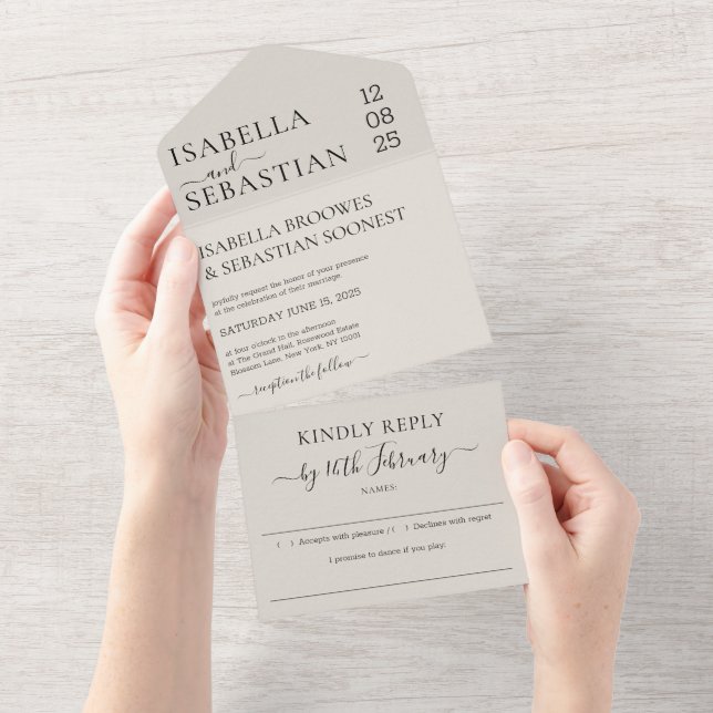 Modern Wedding Neutral Cream Kindly Reply All In One Invitation (Tearaway)