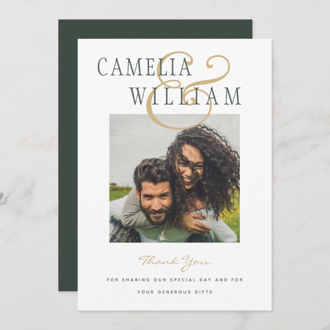 Modern Wedding Olive Green Gold THANK YOU PHOTO In Invitation (Front/Back)