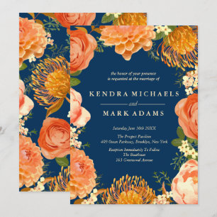 Modern Wedding, Orange Floral Wreath Invitations
