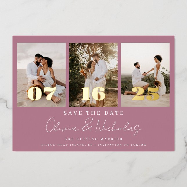 Modern Wedding Photo Collage Mauve Save The Date  (Front)
