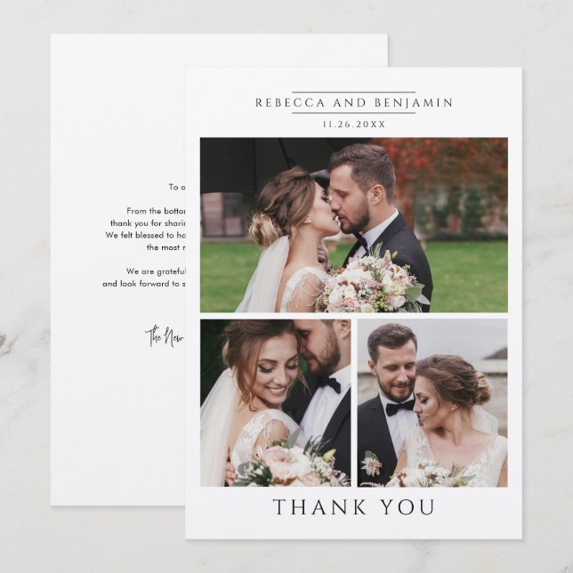 Modern Wedding Photo Collage Mr and Mrs Thank You Card (Front/Back)