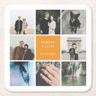 Modern Wedding Photo Collage Picture Grid Square Paper Coaster