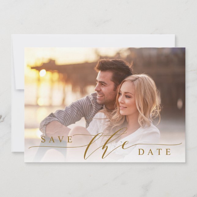 Modern Wedding Photo Gold Save the Date Flat Card (Front)