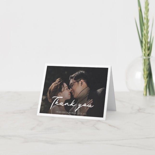 Modern Wedding Photo Hand-Lettered Script Thank You Card (Front)