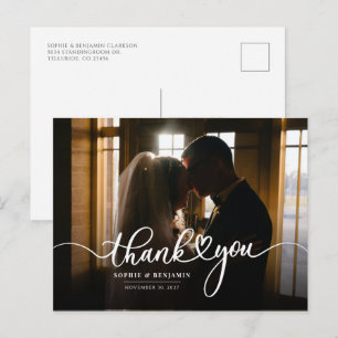 Modern Wedding Photo Hand-Lettered Thank You Postcard