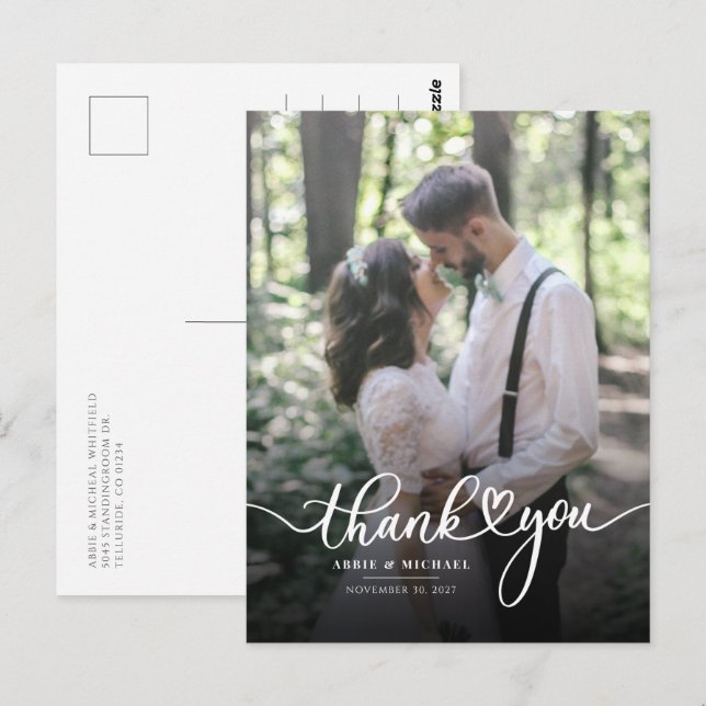 Modern Wedding Photo Hand-Lettered  Thank You Postcard (Front/Back)