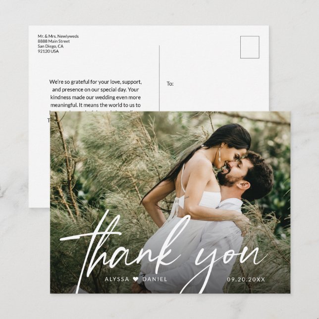 Modern Wedding Photo Handlettered Script Thank you Postcard (Front/Back)