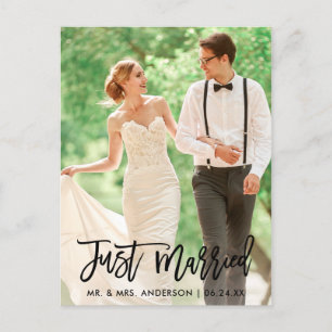 Modern Wedding Photo Just Married Brush Script Postcard