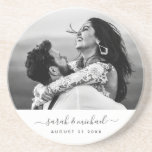 Modern Wedding Photo Memory Elegant Script Coaster<br><div class="desc">Beautiful photo coaster with your personal picture alongside your name and date in modern script typography,  this minimal design makes your favourite moment shine.</div>
