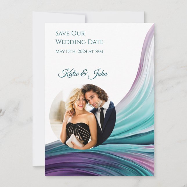 Modern Wedding -Photo-Purple and Teal- Save The Date (Front)