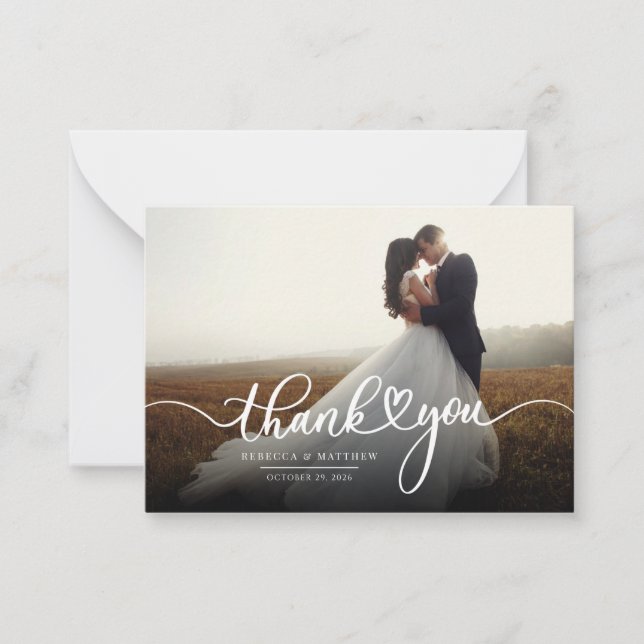 Modern Wedding Photo Script Love Heart Thank You Card (Front)