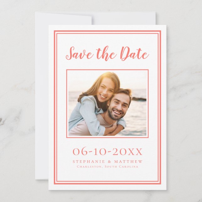 Modern Wedding Photo Simple Engagement Coral White Save The Date (Front)
