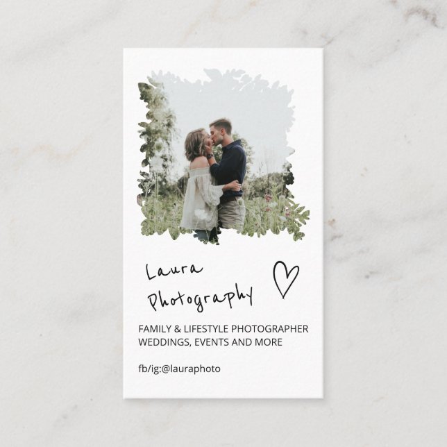 Modern wedding photographer floral 2 photo collage business card (Front)