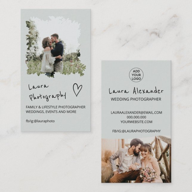 Modern wedding photographer floral 2 photo collage business card (Front/Back)