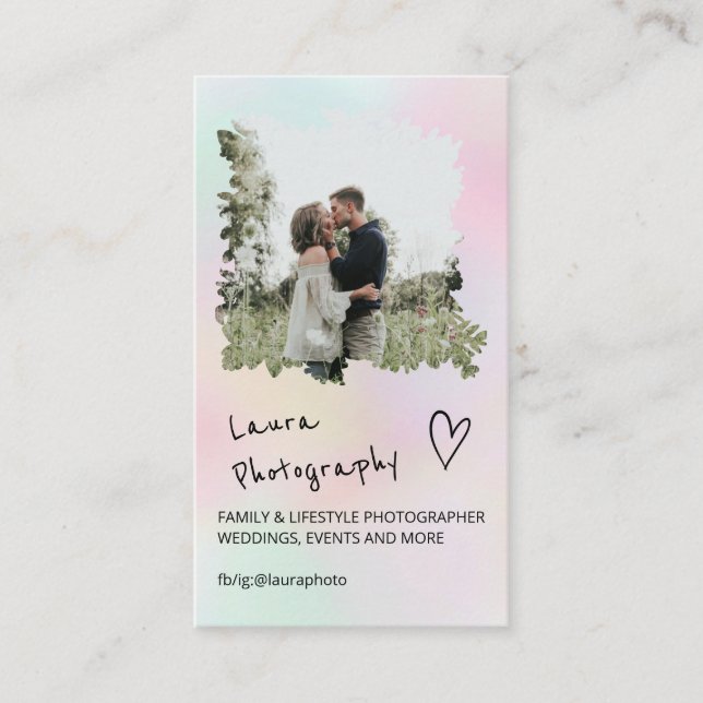 Modern wedding photographer pastel floral 2 photo business card (Front)