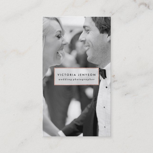 Modern wedding photographer rose gold photo business card (Front)