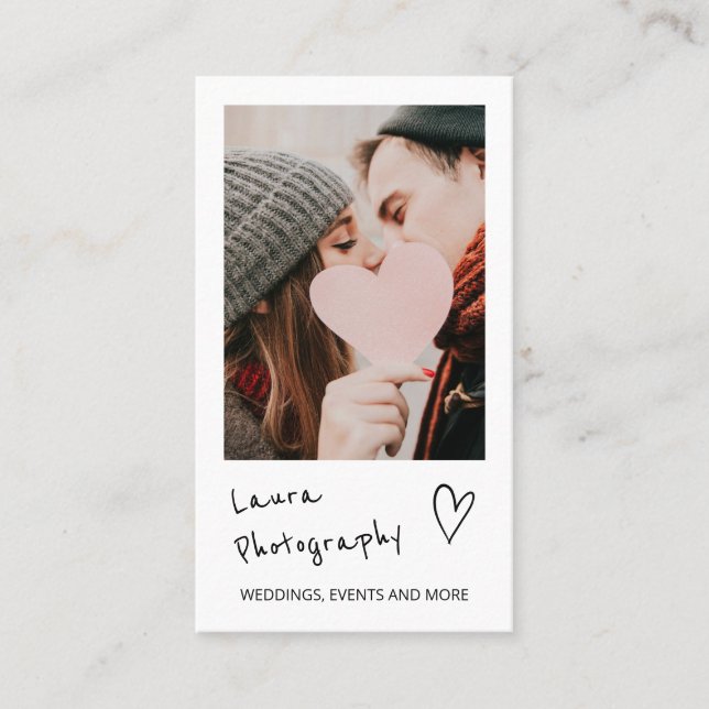 Modern wedding photographer script 2 photo collage business card (Front)