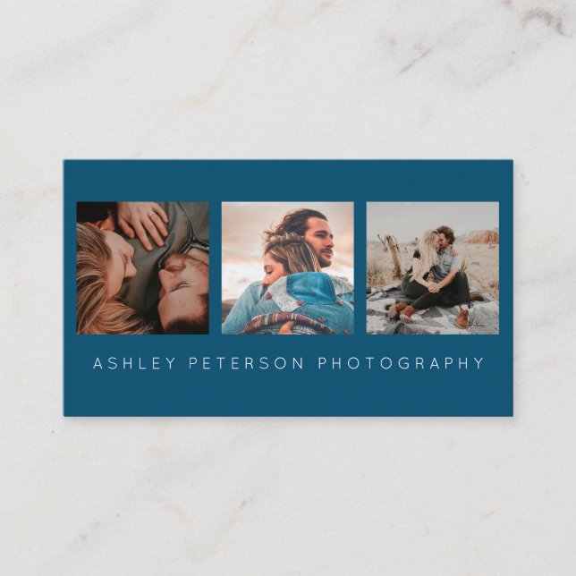 Modern wedding photography ocean blue typography business card (Front)