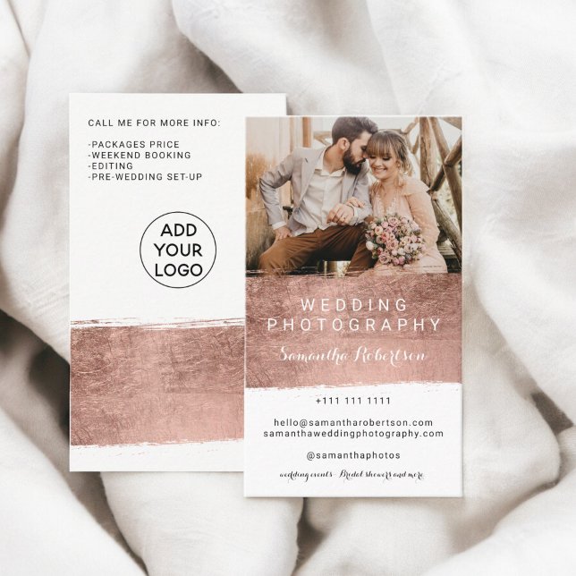 Modern wedding photography rose gold brushstroke business card (Modern wedding photography rose gold brushstroke business card)