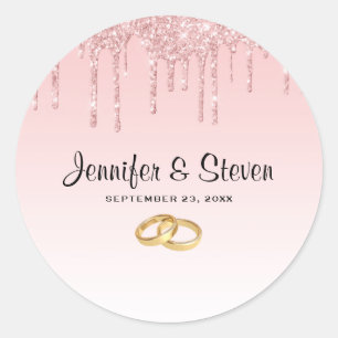 Modern Wedding Pink Glitter Drips Classic Round Sticker