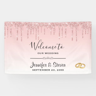 Modern Wedding Pink Glitter Drips & Golden Rings Banner