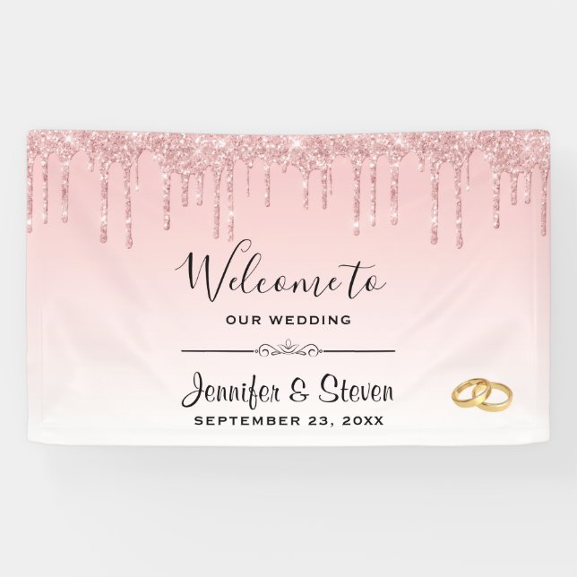 Modern Wedding Pink Glitter Drips & Golden Rings Banner (Horizontal)
