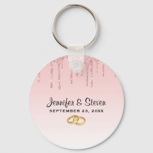 Modern Wedding Pink Glitter Drips & Golden Rings Key Ring