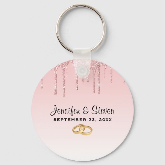 Modern Wedding Pink Glitter Drips & Golden Rings Key Ring (Front)