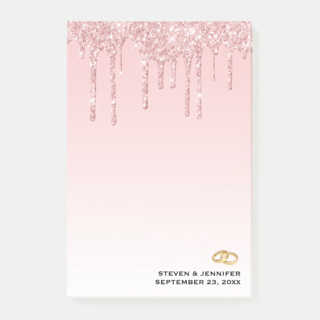 Modern Wedding Pink Glitter Drips & Golden Rings Post-it Notes (Front)