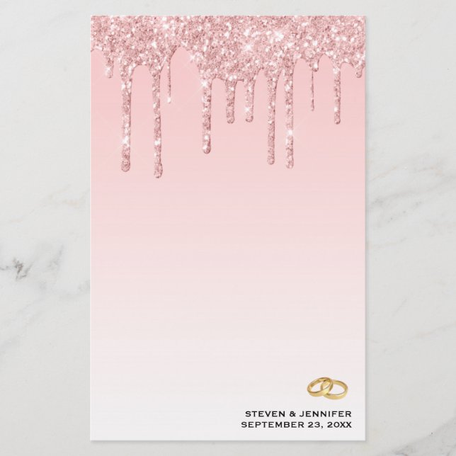 Modern Wedding Pink Glitter Drips & Golden Rings Stationery (Front)