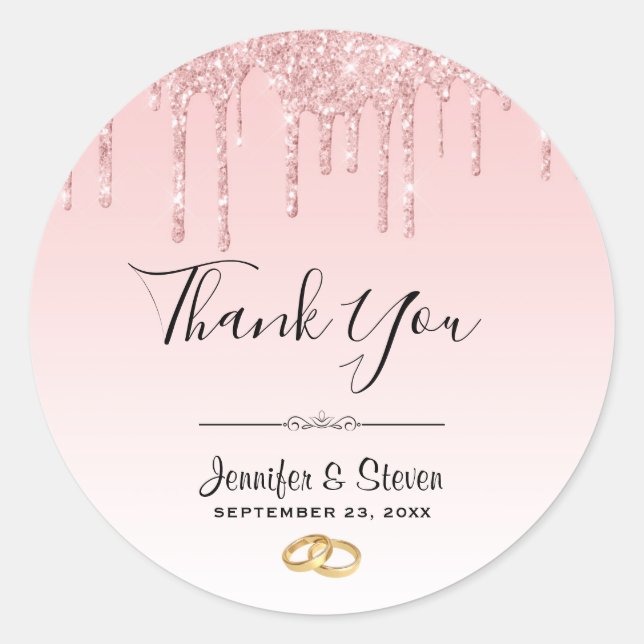 Modern Wedding Pink Glitter Drips Thank You Classic Round Sticker (Front)