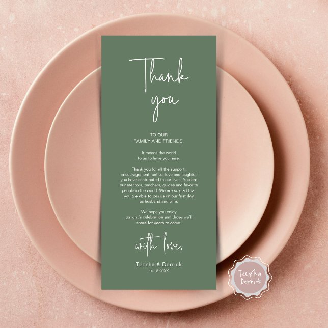 Modern Wedding Place Setting Dinner Thank You Card (Modern Romantic Wedding Place Setting Dinner Thank You Card, in Forest Sage Green)