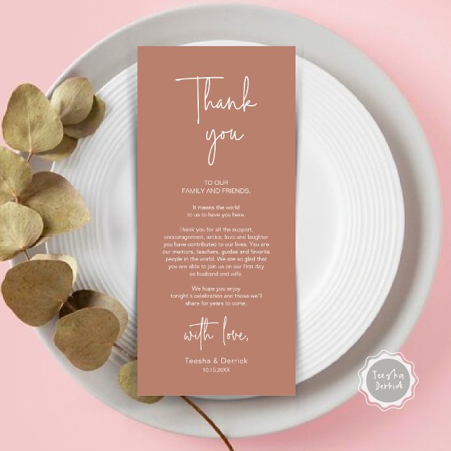 Modern Wedding Place Setting Dinner Thank You Card (Modern Romantic Wedding Place Setting Dinner Thank You Card, in Terracotta Brown Earthy)