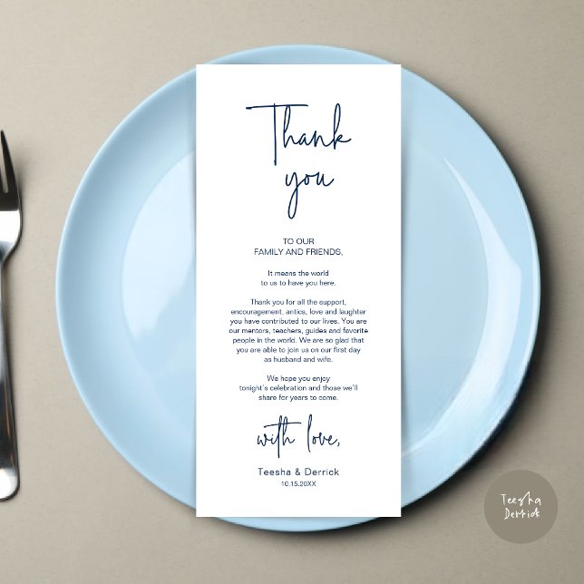 Modern Wedding Place Setting Dinner Thank You Card (Modern Romantic Wedding Place Setting Dinner Thank You Card, in Navy Blue)